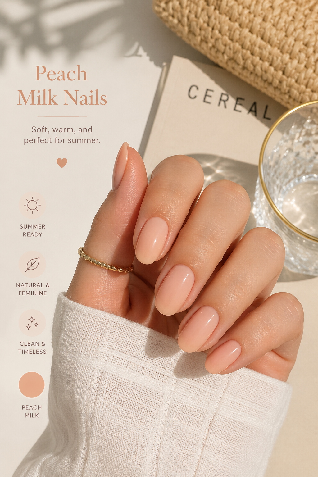 Peach milk nails with a soft warm tone, simple summer nails ideas for a feminine summer look.