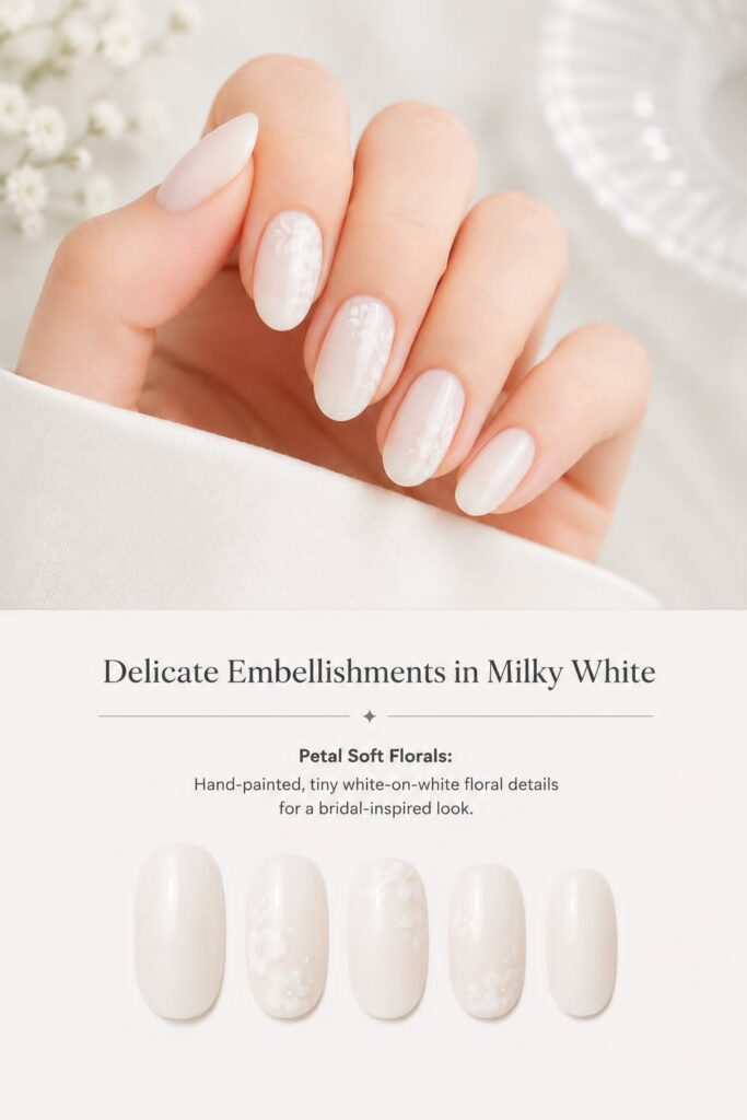 A close-up of a manicure featuring hand-painted, tiny white-on-white floral details on a milky base, representing the most feminine and bridal-inspired among our milky white nail ideas.