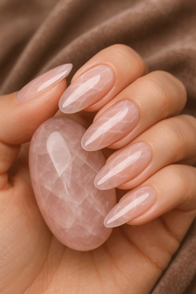 Pink quartz nails with a soft dusty rose tone, elegant quiet luxury summer nails ideas.