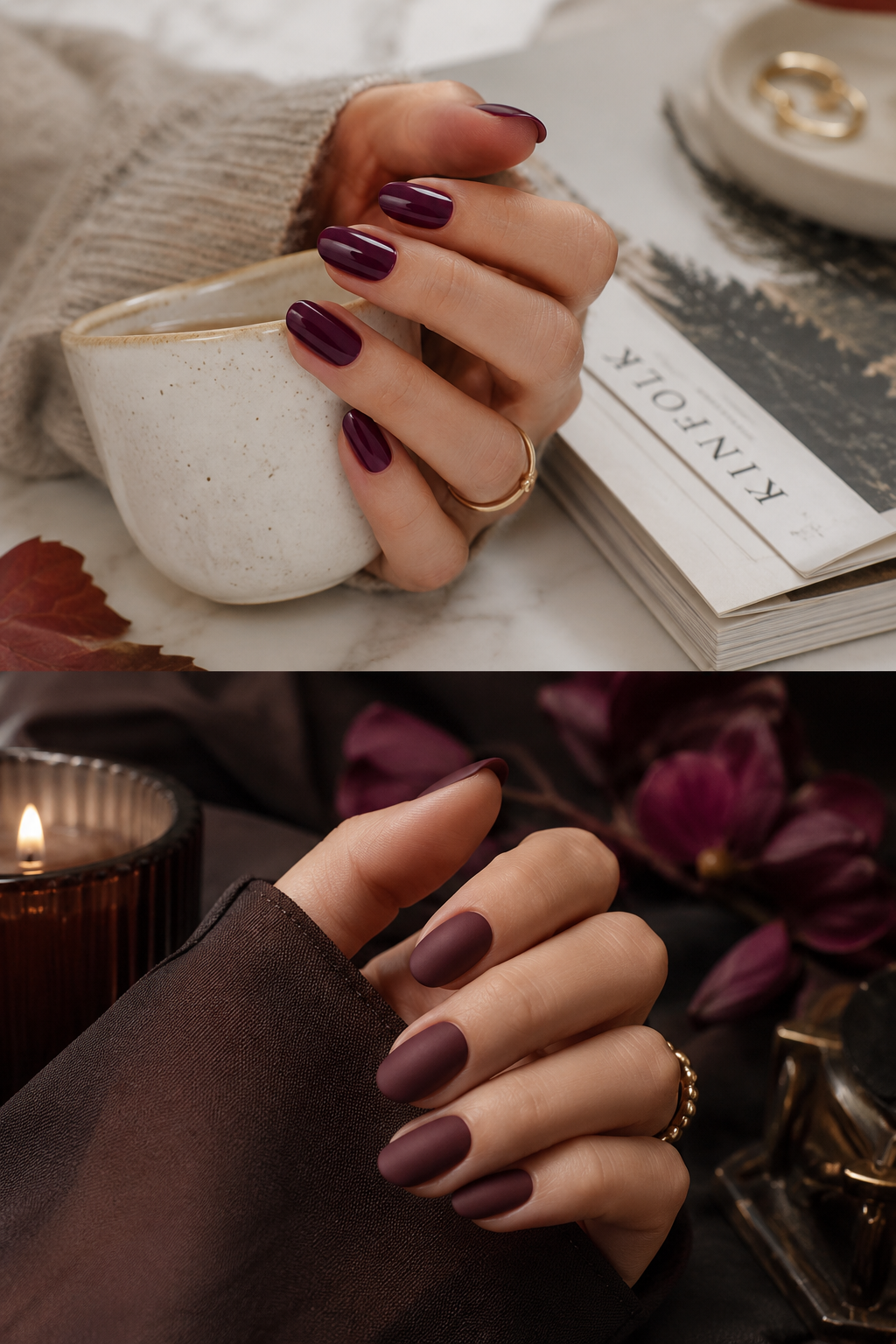 Deep plum nails with a glossy finish and sophisticated feminine manicure for autumn.
