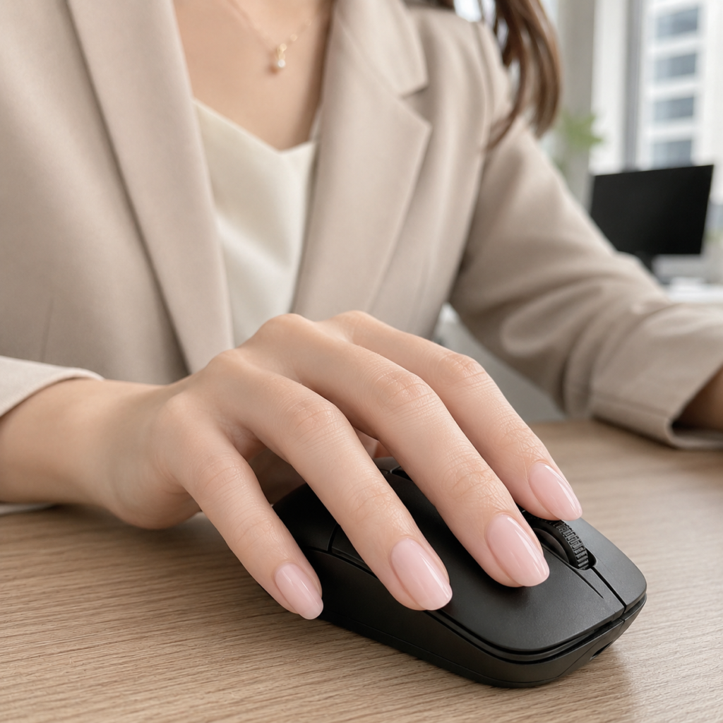 Elegant office-friendly nails in a soft, timeless porcelain pink shade, resting gracefully on a computer mouse.