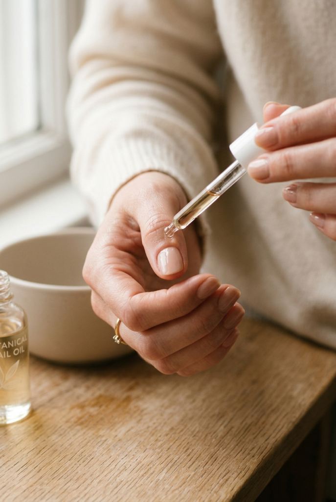 Applying a drop of nourishing cuticle oil to nails as a daily ritual to keep them strong and flexible.