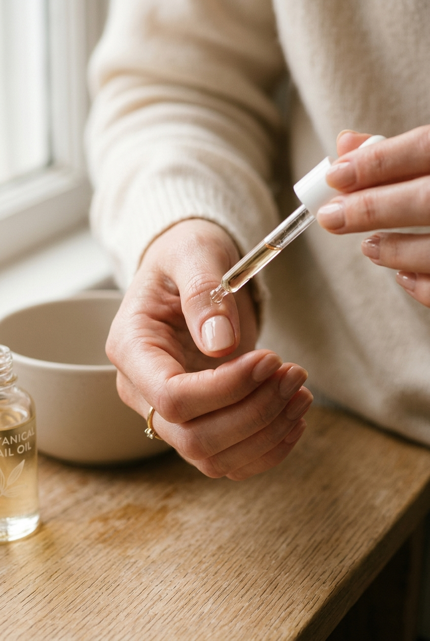 Applying a drop of nourishing cuticle oil to nails as a daily ritual to keep them strong and flexible.
