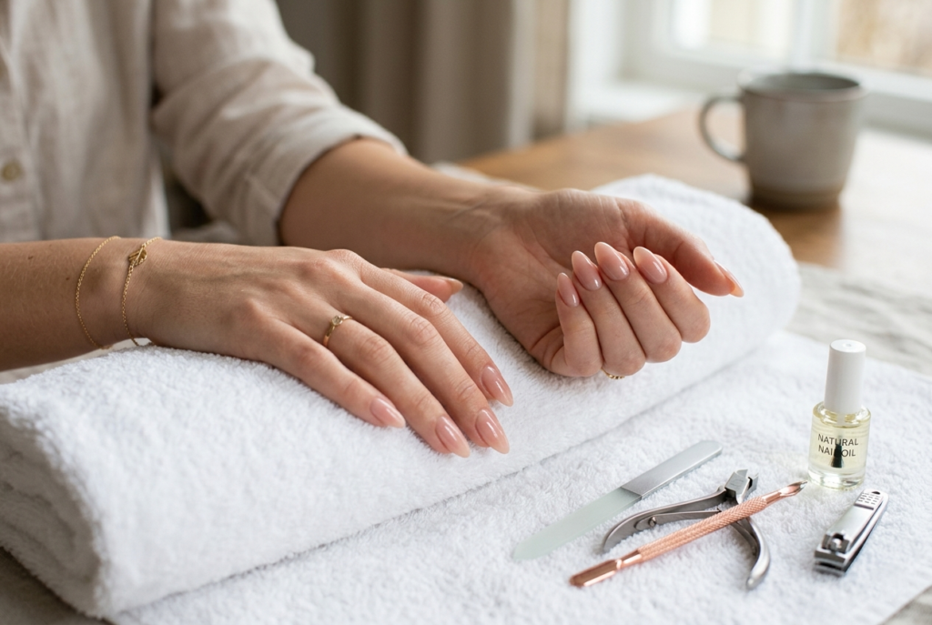 Relaxed hands resting on a towel after completing a daily nail care routine for clean and healthy nails.
