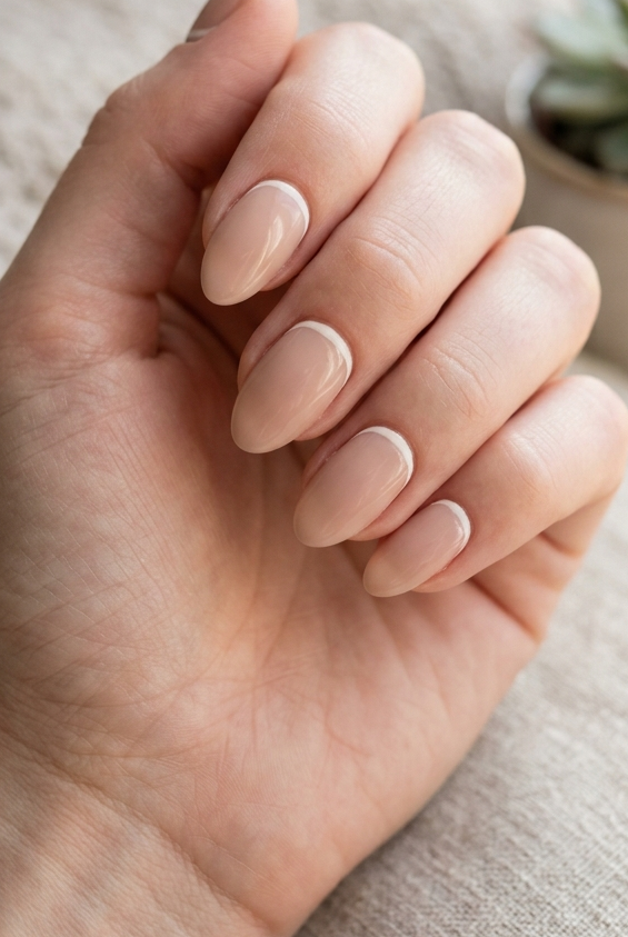 Modern Reverse French manicure, a minimalist and chic inspiration for nude nail ideas.