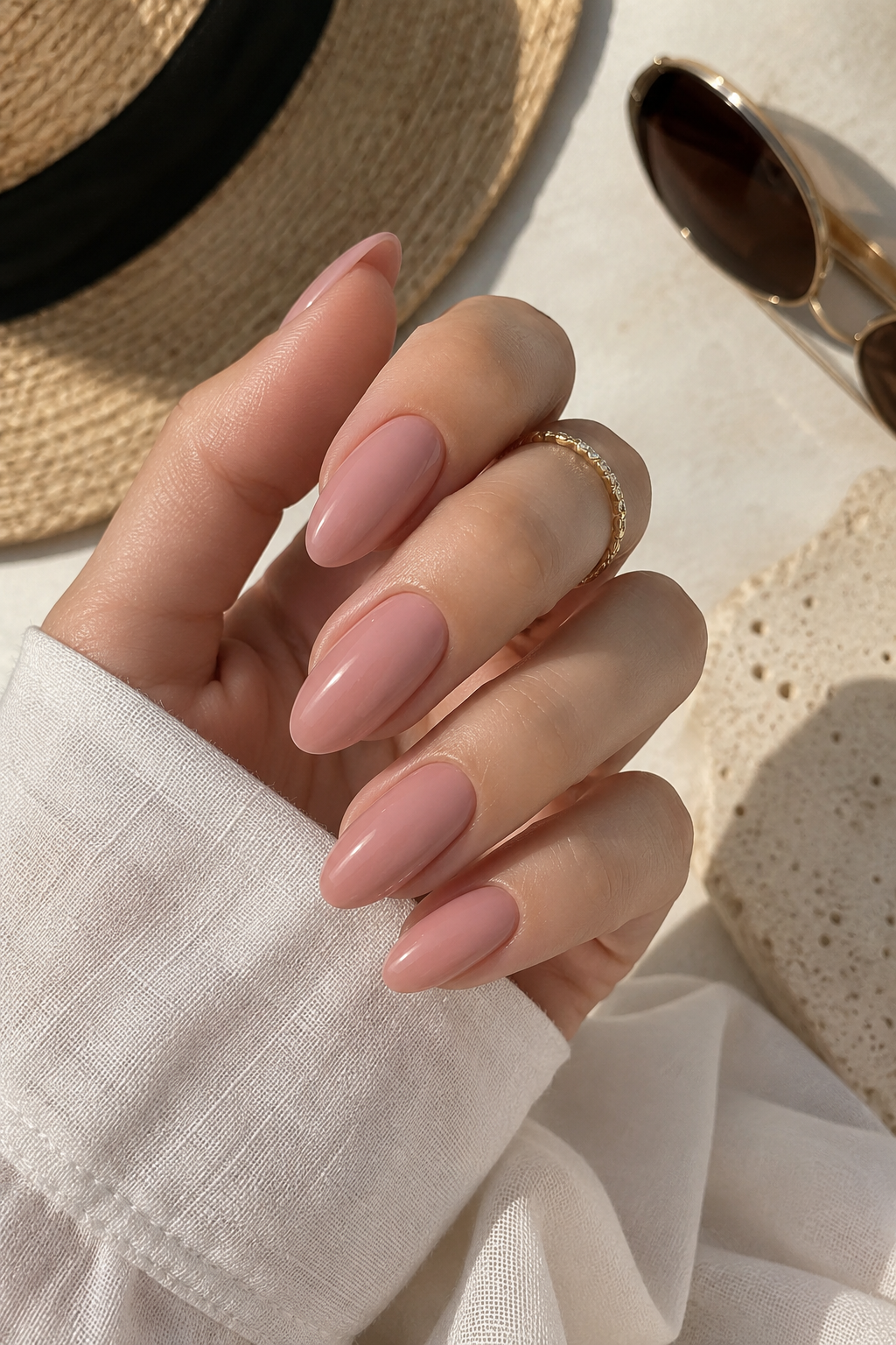 Rosy nude almond nails with an elegant shape and soft pink tone, elegant summer nails ideas.