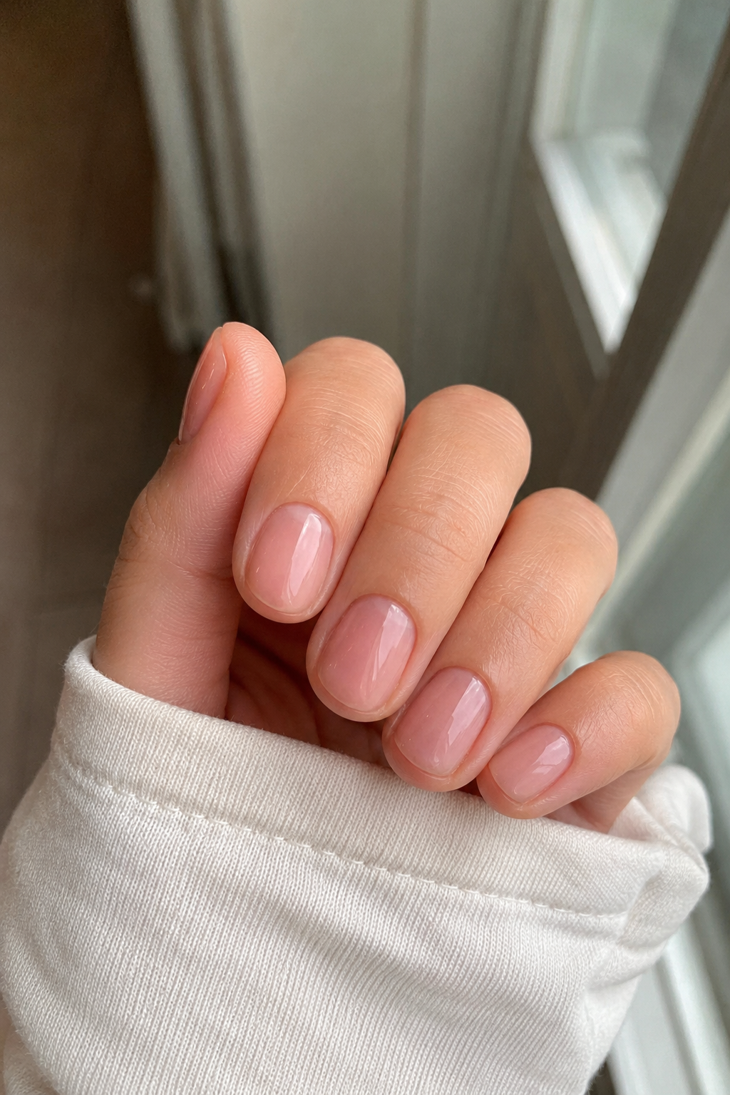 Natural round nail shape with sheer pink polish creating a simple and healthy-looking manicure.