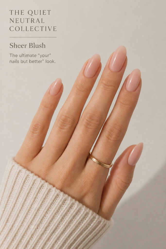 Sheer blush nail polish providing a natural "your nails but better" finish on almond-shaped nails.