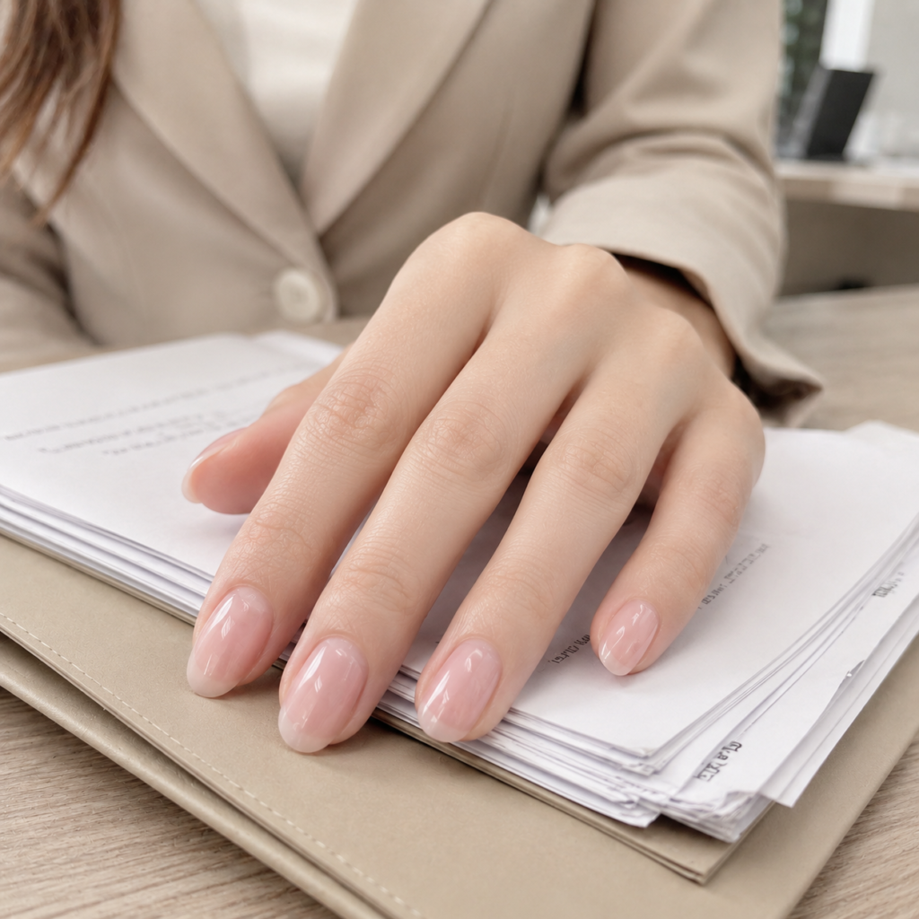 Close-up of elegant office-friendly nails featuring a delicate, sheer rosewater hue while resting on professional documents.