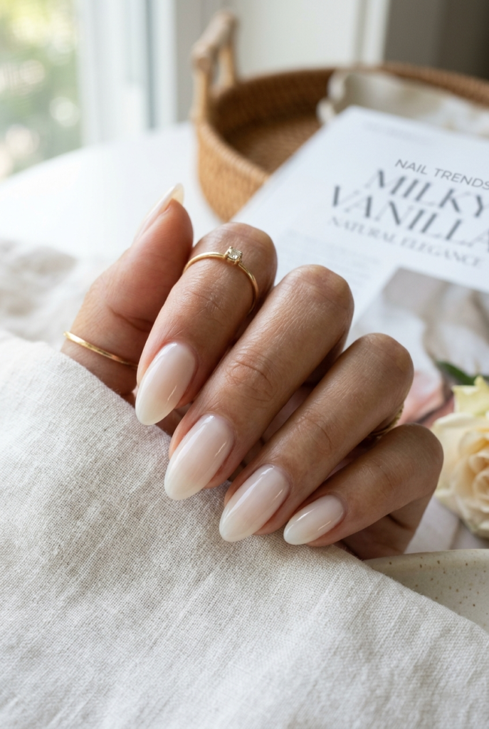 Classic Sheer Vanilla milky nails, the epitome of quiet luxury within our collection of nude nail ideas.