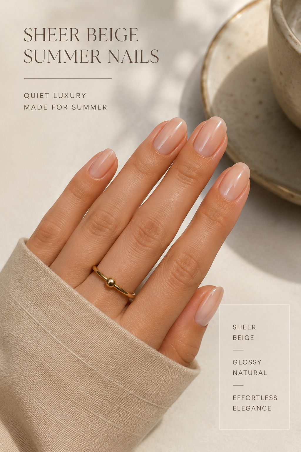 Sheer beige summer nails with a glossy natural finish, quiet luxury nails for summer