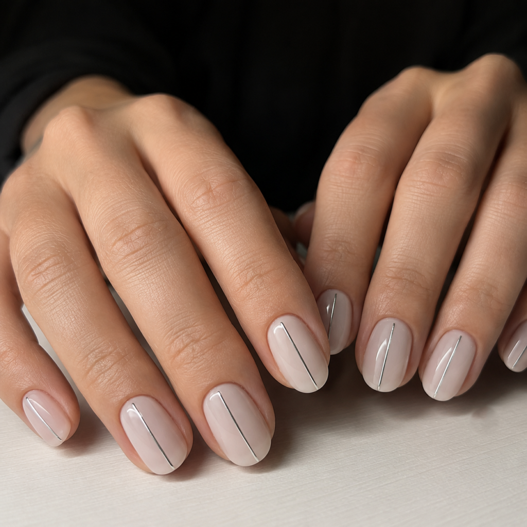 Elegant office-friendly nails featuring a minimalist, vertical metallic silver line on a milky base for a touch of modern sophistication.