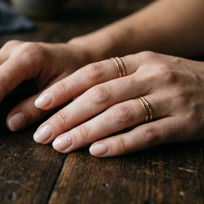 Subtle luxury with these elegant office-friendly nails, featuring a delicate single-stone accent that adds just the right amount of sparkle to the workspace.