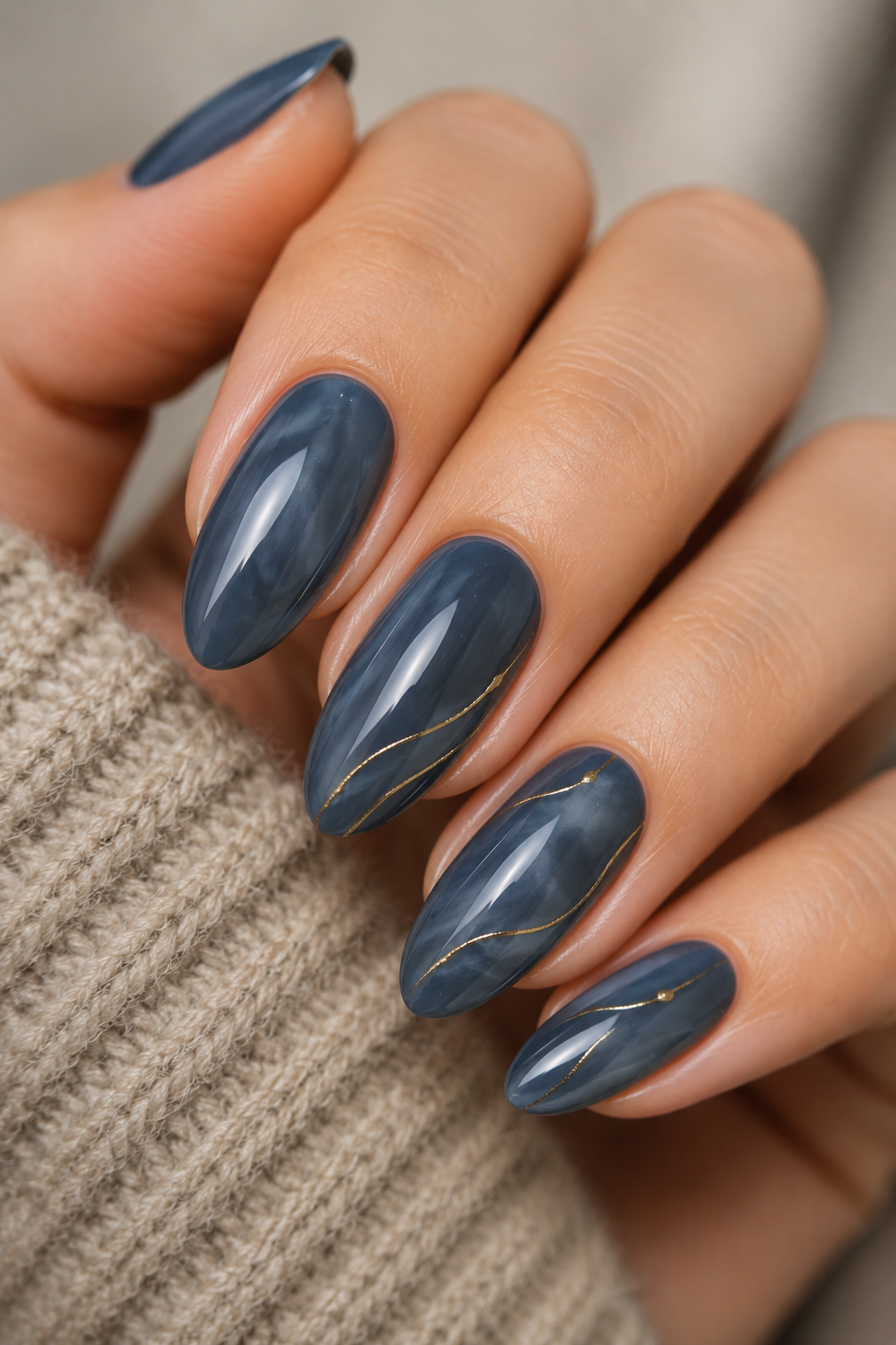 Smoky blue almond nails with a glossy finish and elegant cool-toned autumn manicure.