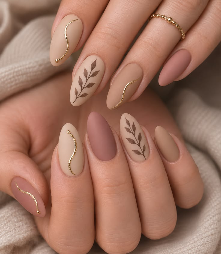 Almond-shaped nude and mauve nails featuring subtle botanical leaf designs and a soft feminine aesthetic.