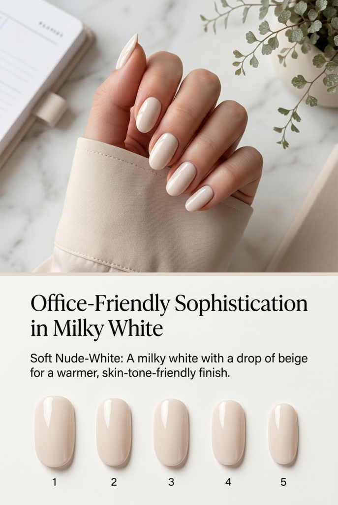 A warm, skin-tone-friendly manicure featuring a milky white polish with a subtle drop of beige, offering a versatile and understated choice for these milky white nail ideas.