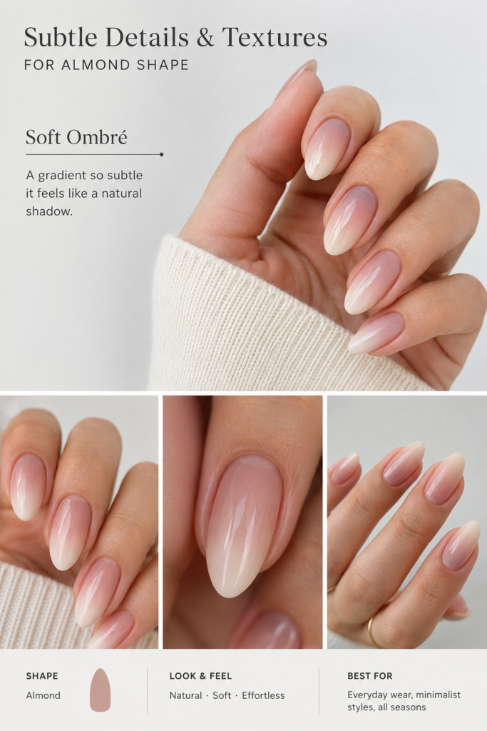 Elegant almond nails with a soft pink ombré gradient, glossy finish, and delicate feminine aesthetic for a timeless manicure look.