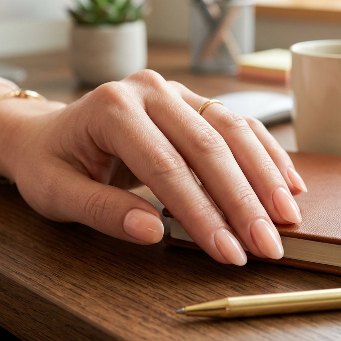 Perfectly polished, elegant office-friendly nails in a soft peach fuzz shade, providing a warm and inviting touch to your daily workspace aesthetic.