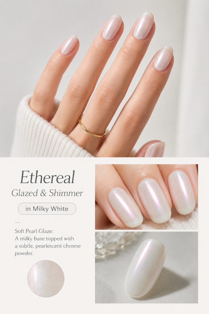 A stunning, pearlescent chrome finish over a sheer milky white base, capturing the ultimate "glazed donut" trend within our collection of elegant milky white nail ideas.