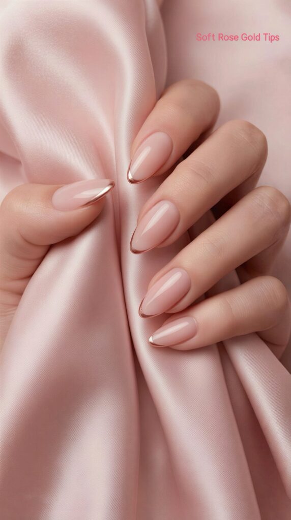 Sophisticated bridal and bridesmaid nails with a delicate rose gold tip detail.