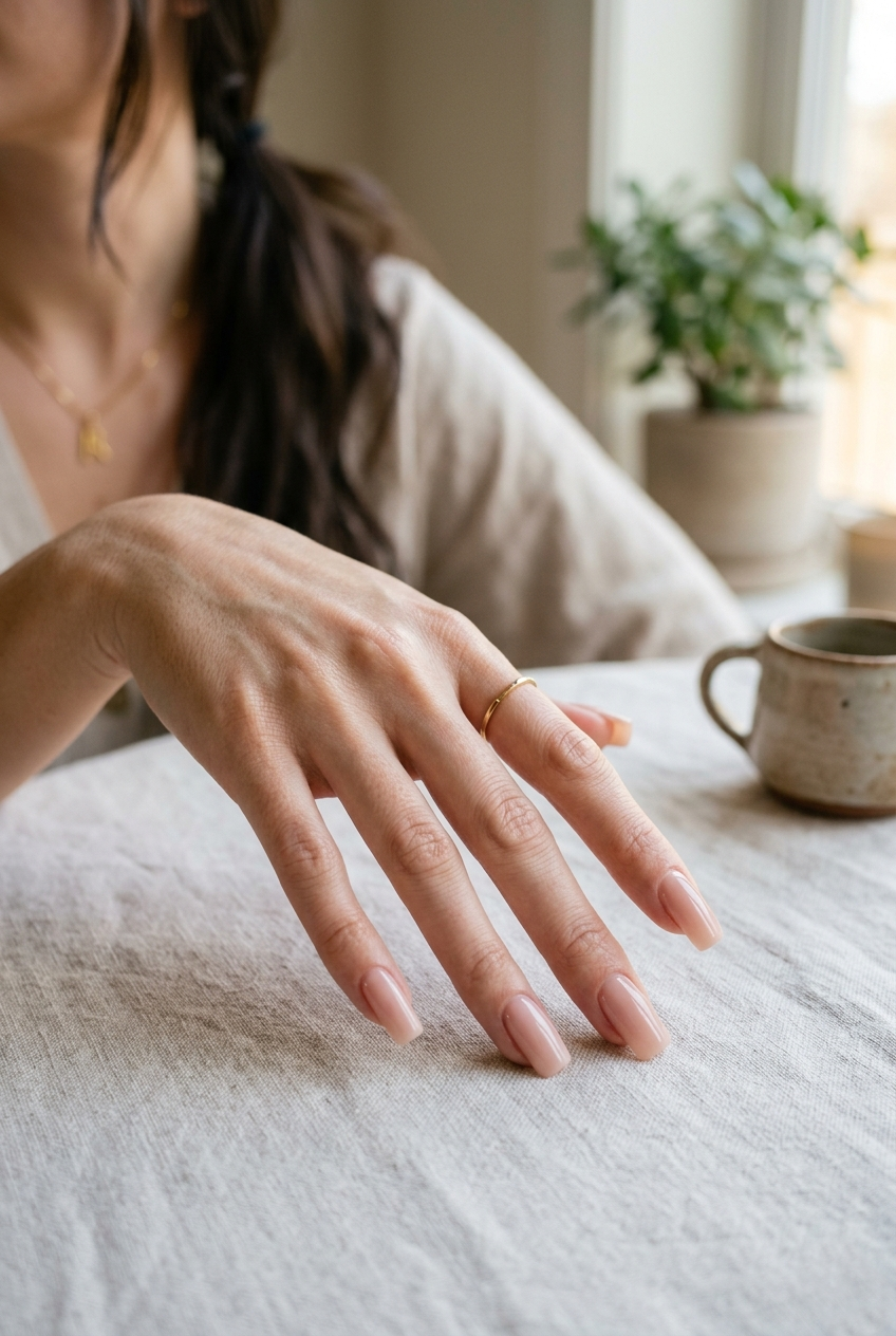 Soft square nail shape with a clean minimalist manicure suitable for everyday elegance.