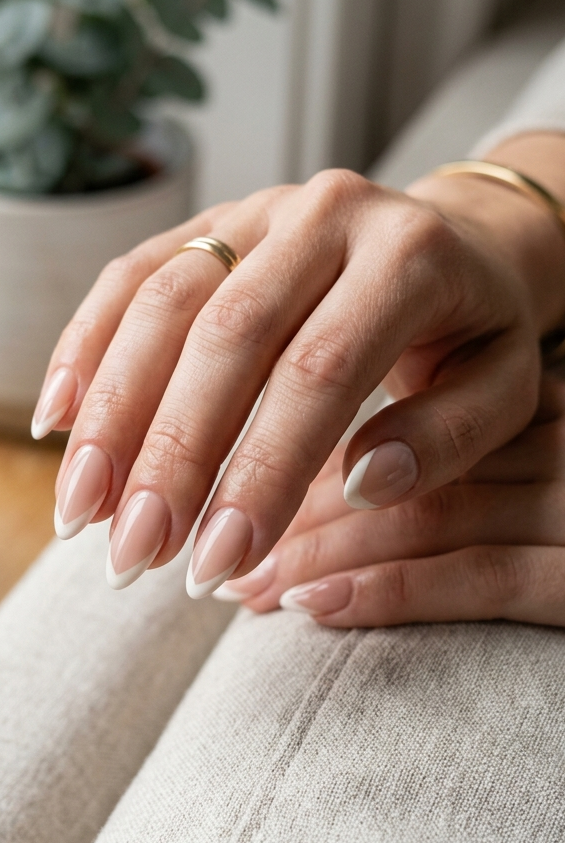 Subtle Soft V-Tip French manicure, a graceful addition to these nude nail ideas.