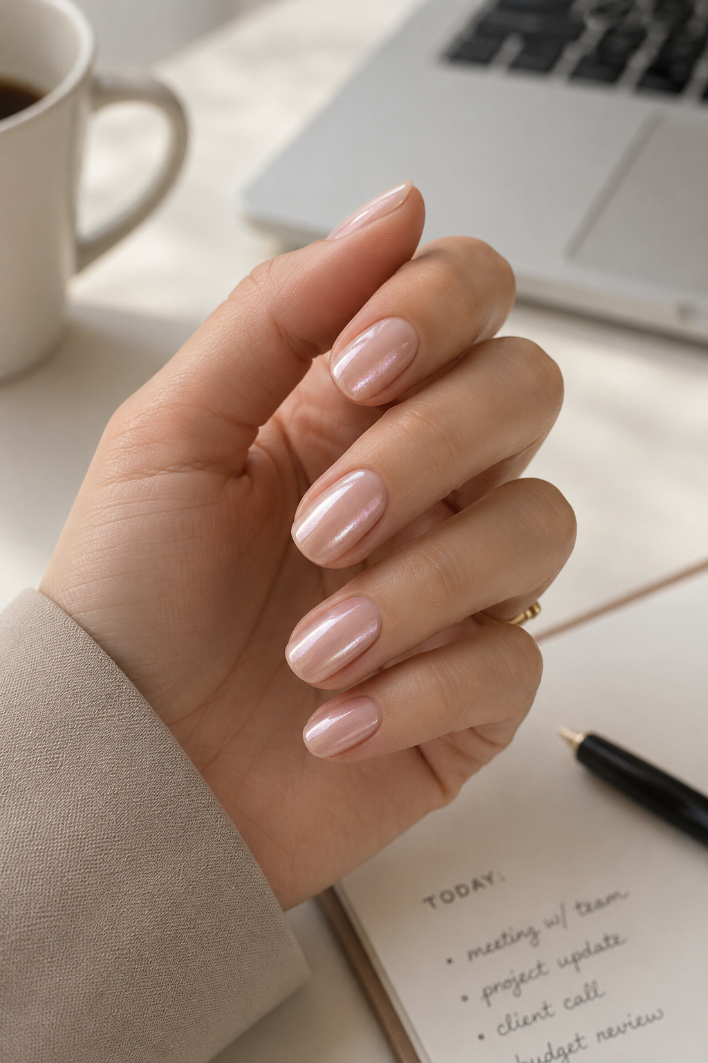 Professional nail ideas with soft chrome glaze nails in a sheer pink nude finish for an elegant everyday style.