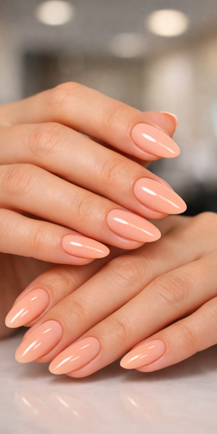 Soft peach summer nails with a warm glossy finish, feminine summer nails ideas for quiet luxury.