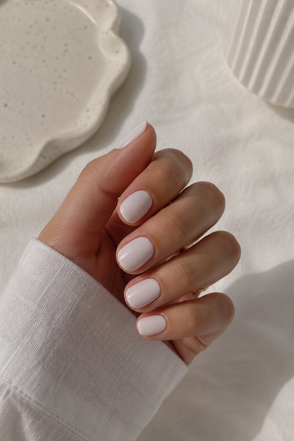 Soft white summer nails on short oval nails, clean girl nails idea with a minimal aesthetic.