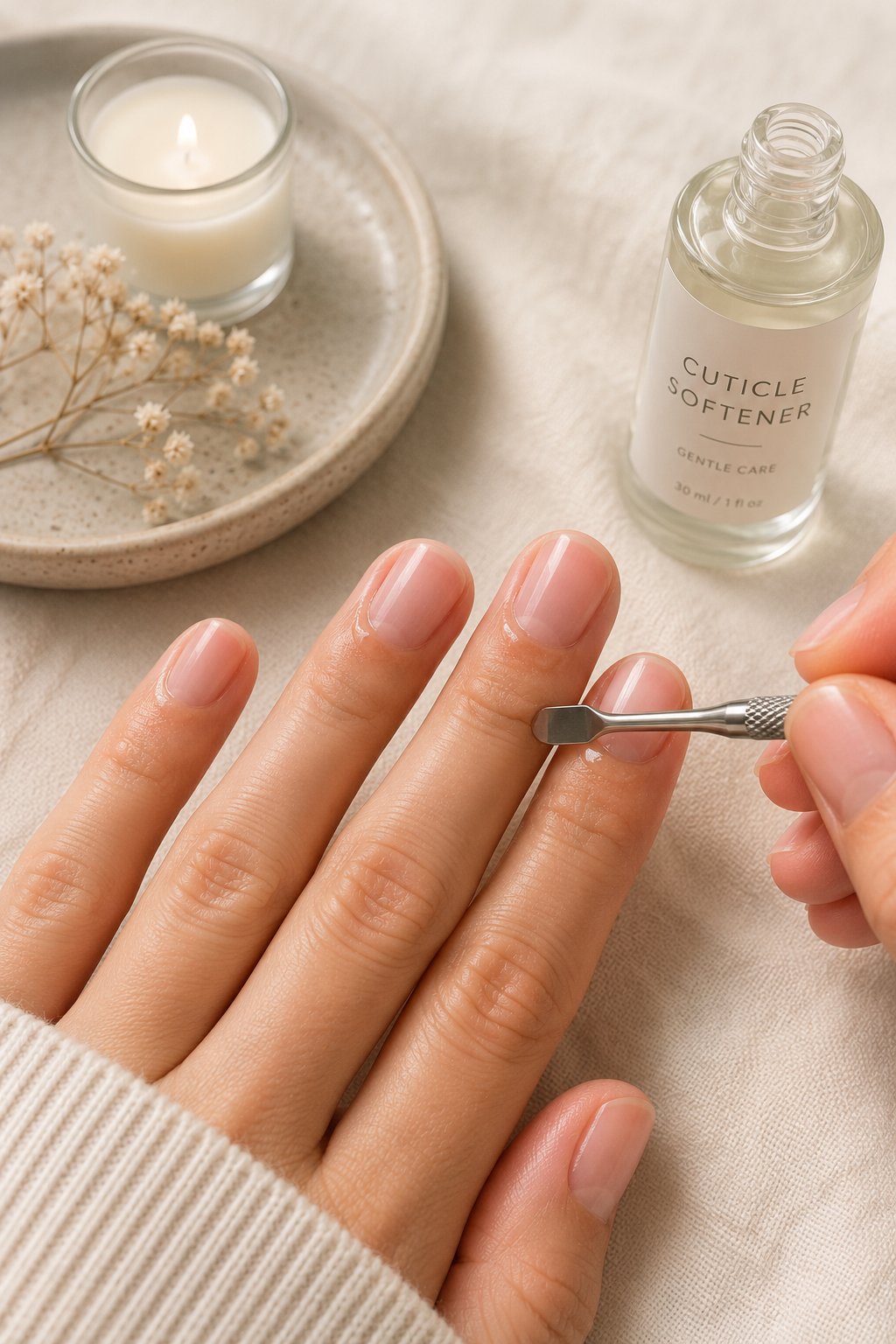Using a cuticle softener to gently prepare nail beds before trimming and nail maintenance.