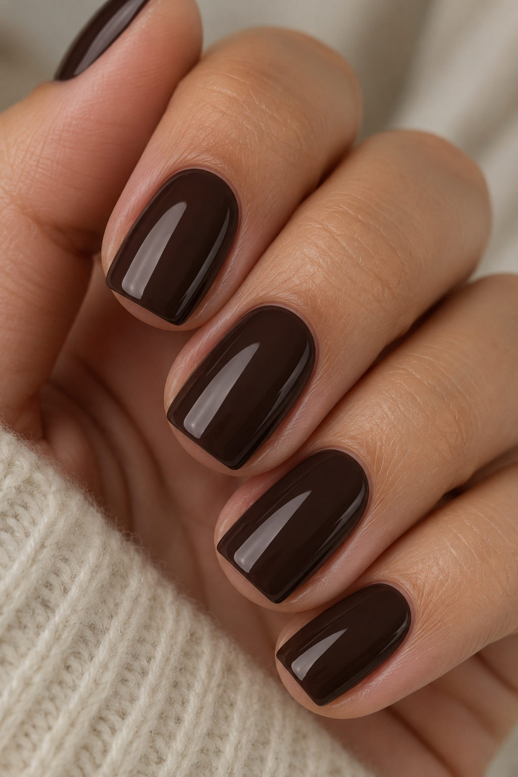 Solid espresso brown nails on a short squoval shape with a sleek glossy finish.