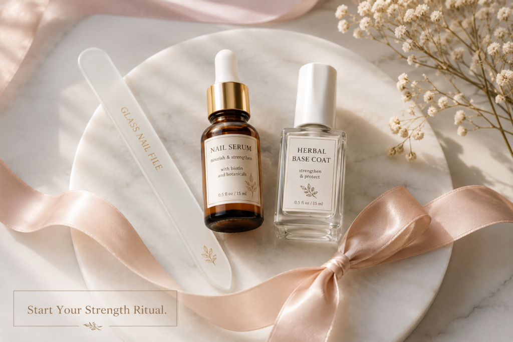 A curated collection of essential nail care tools, including a glass file and nourishing serum, for your elegant nail strength ritual.