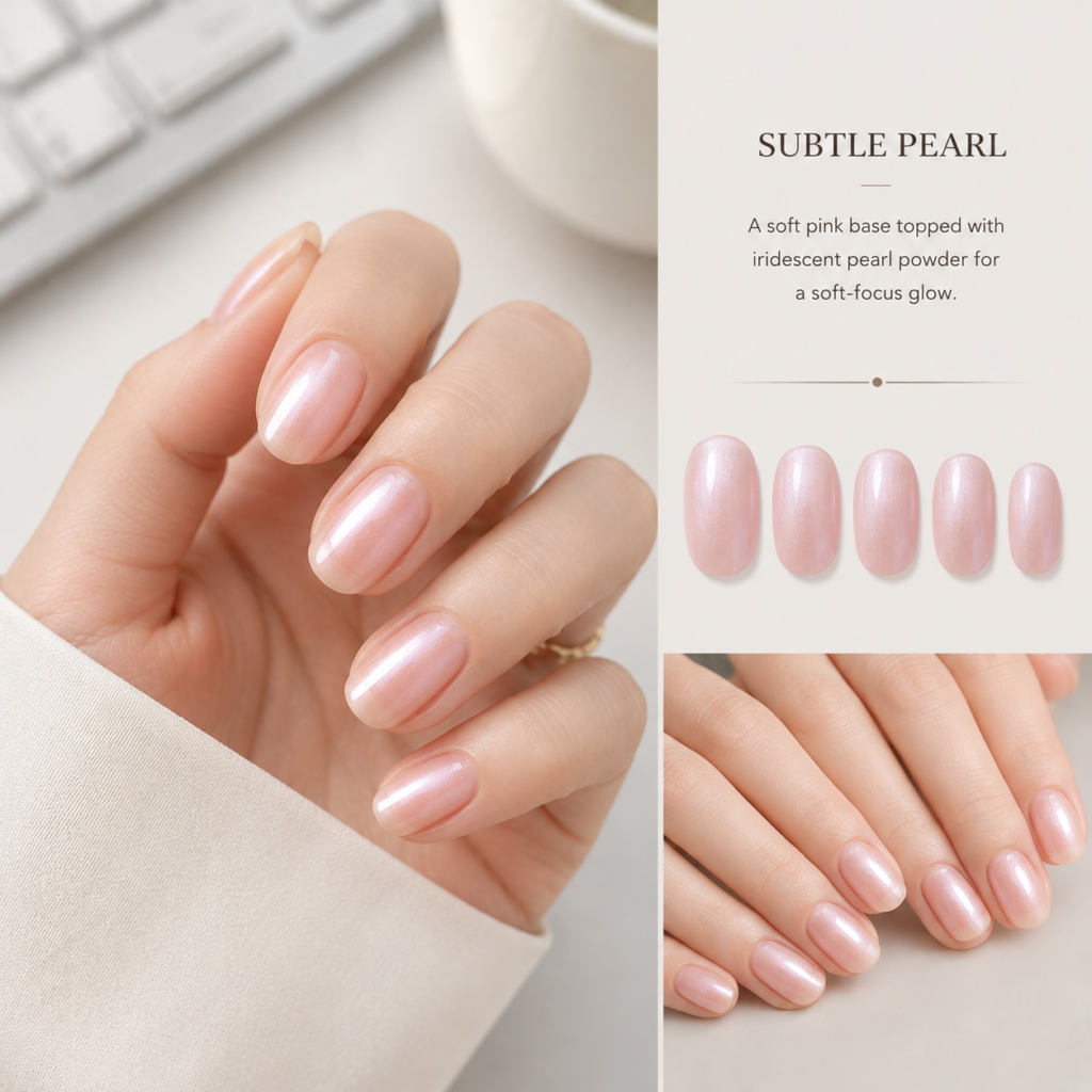 Elegant office-friendly nails featuring a delicate, iridescent pearl finish that adds a soft-focus glow to your professional attire.
