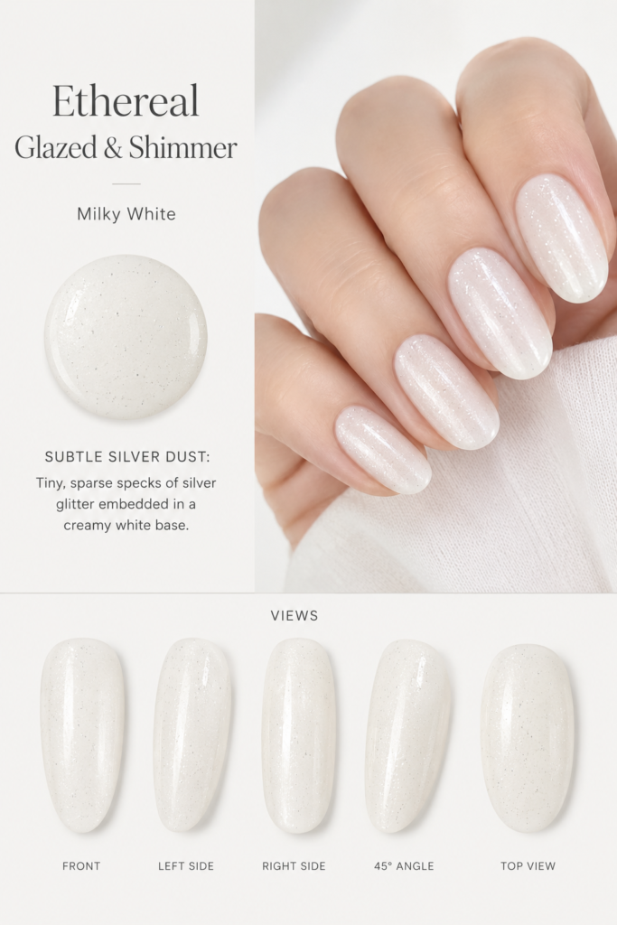 A delicate set of nails showing tiny, sparse specks of silver glitter embedded in a creamy white base, perfect for those seeking sophisticated and sparkling milky white nail ideas.