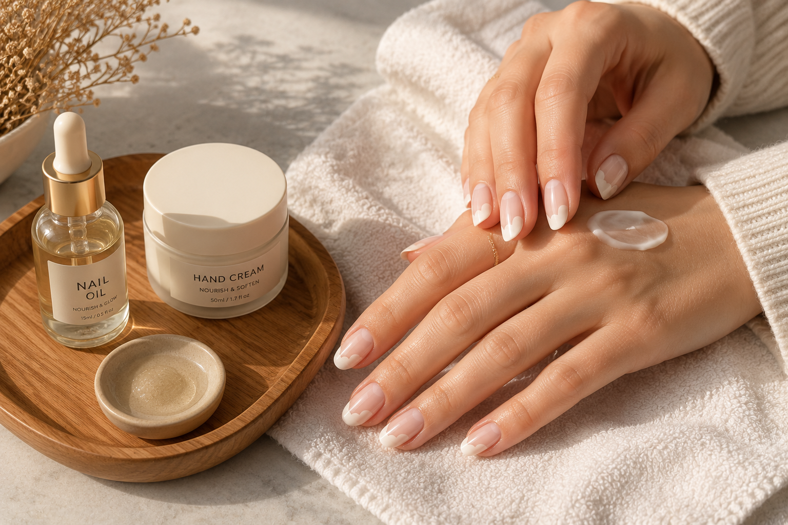 A close-up of hands with a natural manicure, emphasizing clean girl handcare and the message to love yourself.