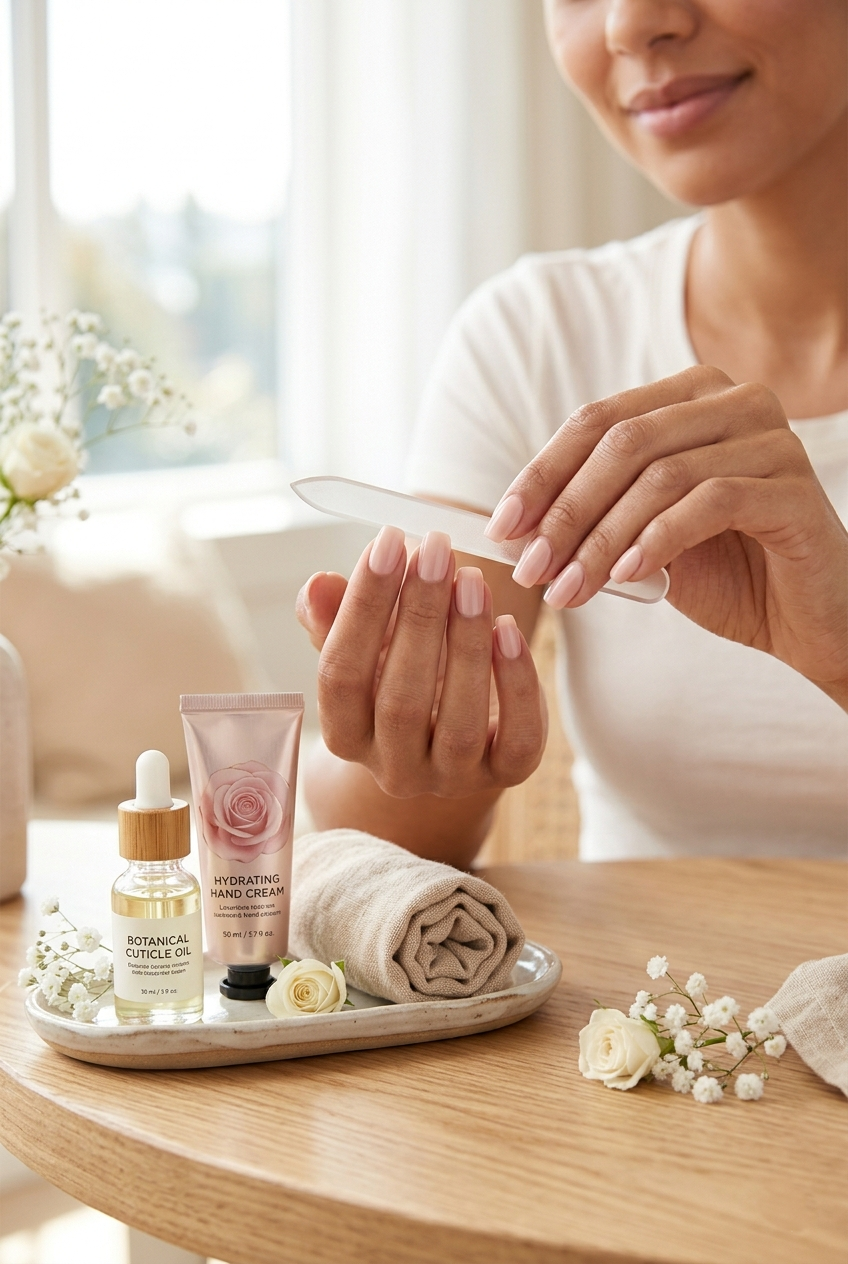 Woman applying cuticle oil and hand cream as part of a healthy nail care and hand care routine.