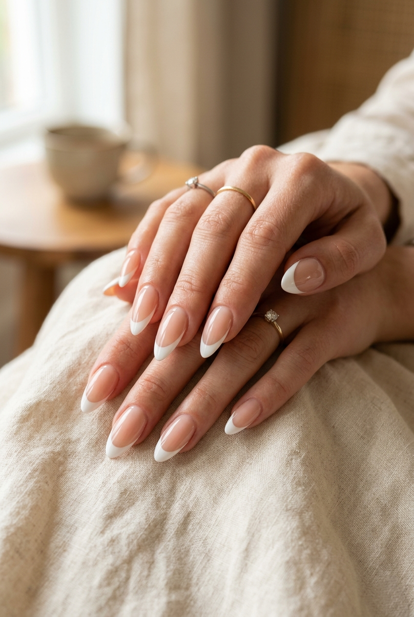 Elegant Tapered Almond French manicure, a refined take on classic nude nail ideas.
