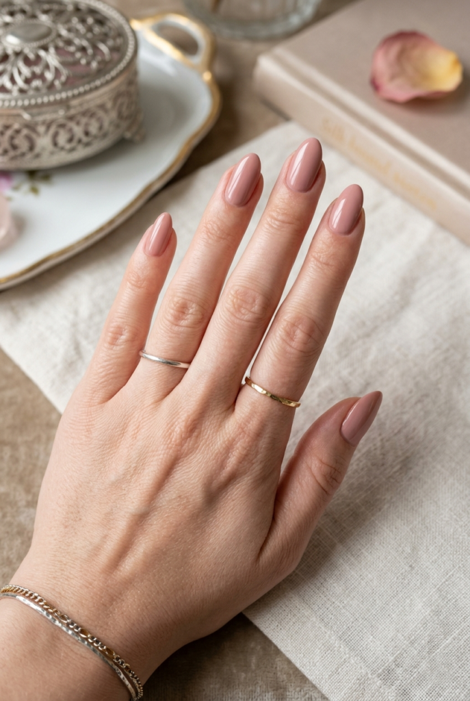 Sophisticated Tea Rose nail shade, a perfect balance for everyday nude nail ideas.