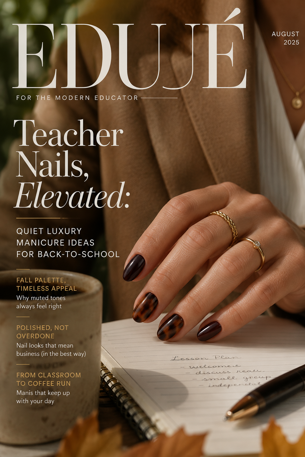 Elevated teacher nails in a muted tortoiseshell and espresso palette, styled with a camel blazer and open notebook.
