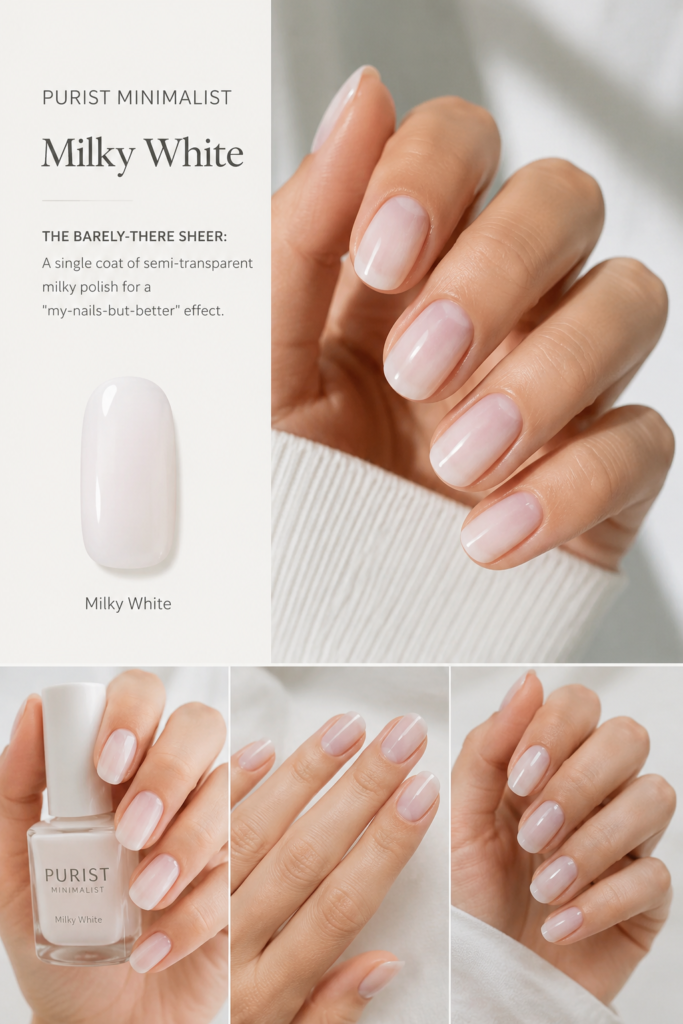 A delicate, "my-nails-but-better" aesthetic with a sheer milky white polish, capturing the essence of subtle and natural milky white nail ideas for everyday wear.