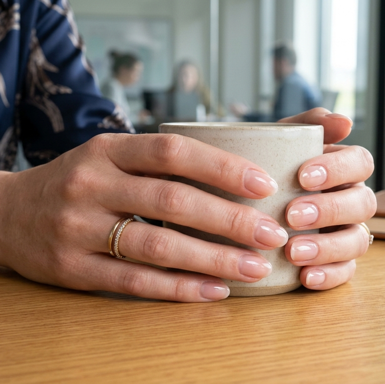 Achieve the essence of quiet luxury with a high-gloss, buffed natural nail finish, perfect for maintaining an effortlessly elegant office-friendly manicure.