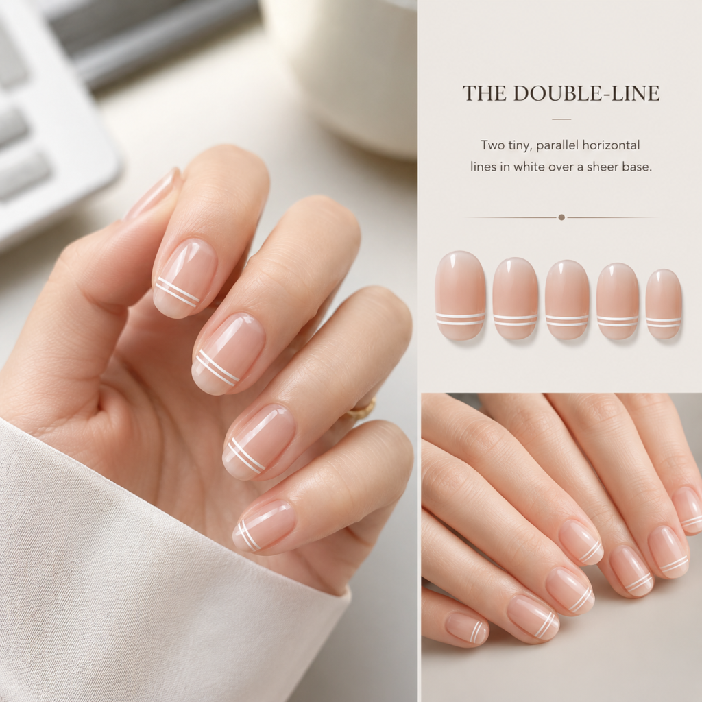 A refined design for elegant office-friendly nails, showcasing two tiny, parallel white lines over a sheer base for a modern, clean look.