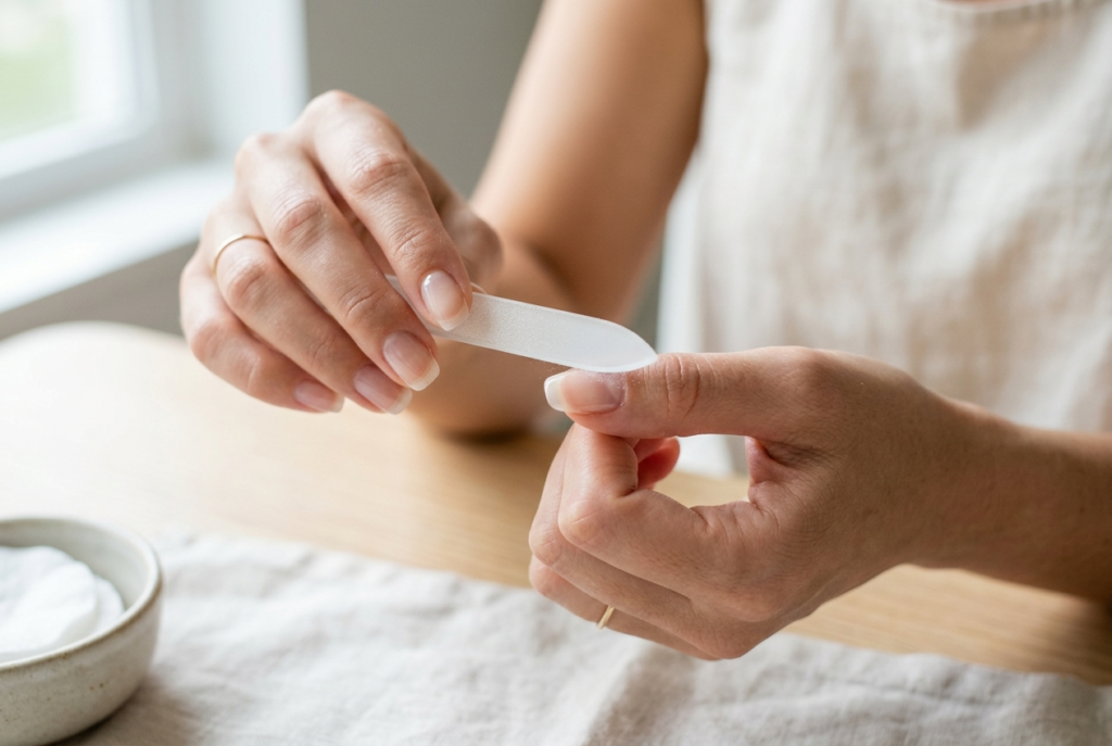 A woman using a glass nail file, a key item in her minimalist nail care essentials routine, for gentle nail shaping.