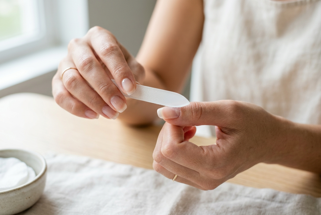 A woman using a glass nail file, a key item in her minimalist nail care essentials routine, for gentle nail shaping.