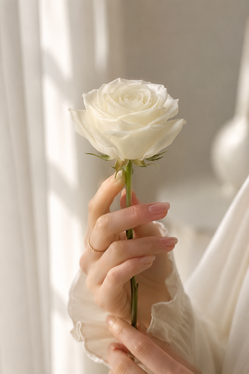 A bride holding a delicate white flower, showcasing a flawless and high-gloss manicure finish.
