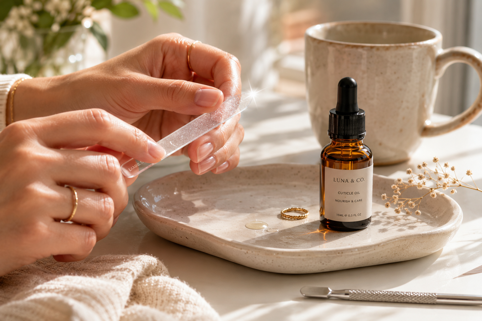 Hands using a glass nail file and cuticle oil, essential tools for a minimalist routine on how to fix peeling nails.