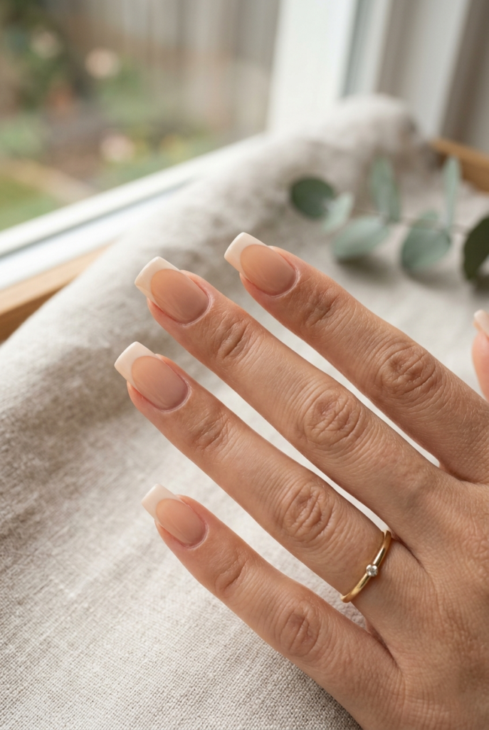 Clean and architectural The Modern Square manicure, perfect for those seeking polished nude nail ideas.