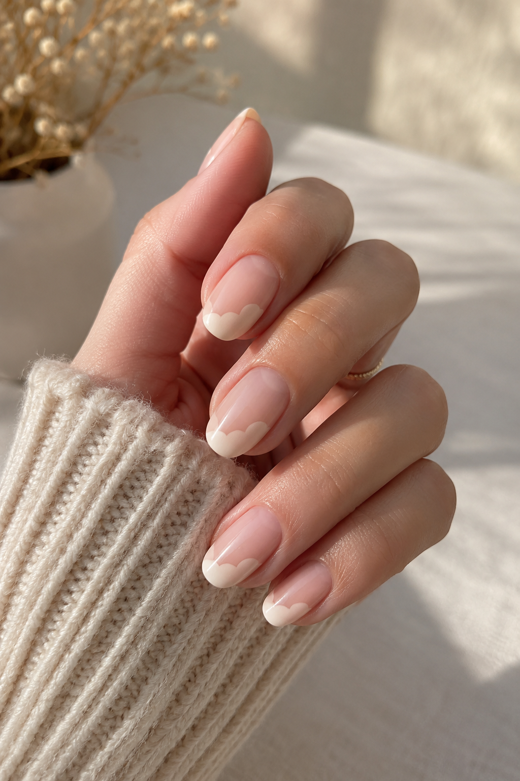Minimalist negative space manicure featuring a cloud dancer nails aesthetic for a clean, modern look.