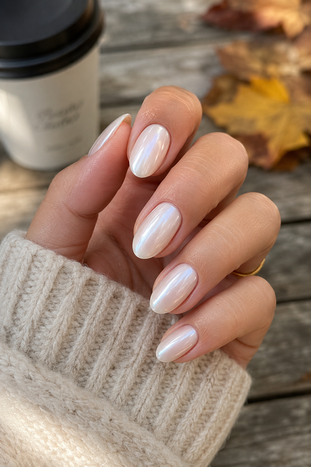 Elegant cloud dancer nails enhanced with a subtle pearl finish, embodying the white nail polish quiet luxury trend.