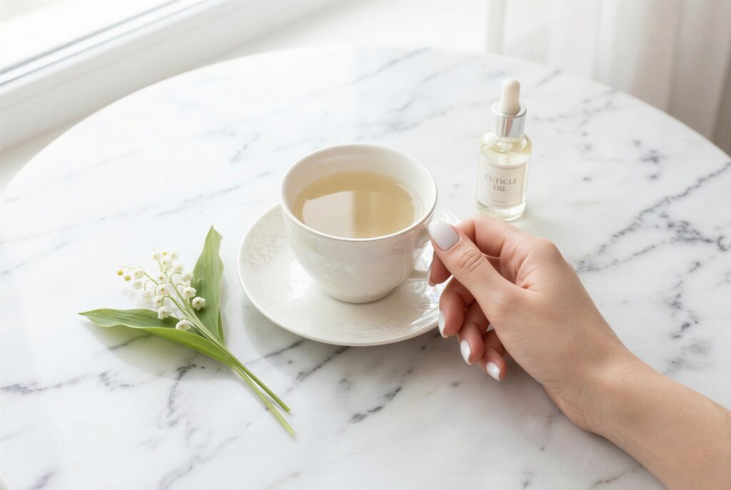 A detailed view of a manicured hand with Milky White Nail Ideas holding a delicate white porcelain teacup on a minimalist white marble table, next to a small bottle of cuticle oil and a fresh spring sprig, demonstrating a pristine self-care routine.